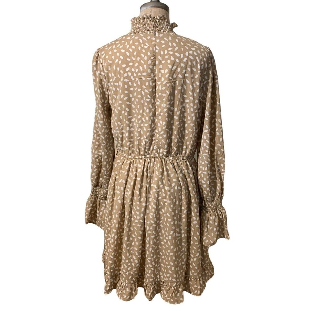 Mainstrip High Neck Ruffled Long Sleeve Beige White Polka Dot Dress Size Large - Picture 6 of 10